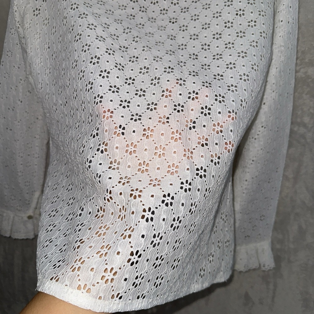 Women's VTG 70s Victorian Style Coquette White Ruffled Sheer Lace Blouse Large - Picture 6 of 11